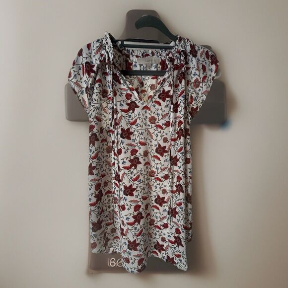Loft Size XS Womens Floral Tie Short Ruffle Sleeve Pleated Back Blouse - Picture 1 of 7